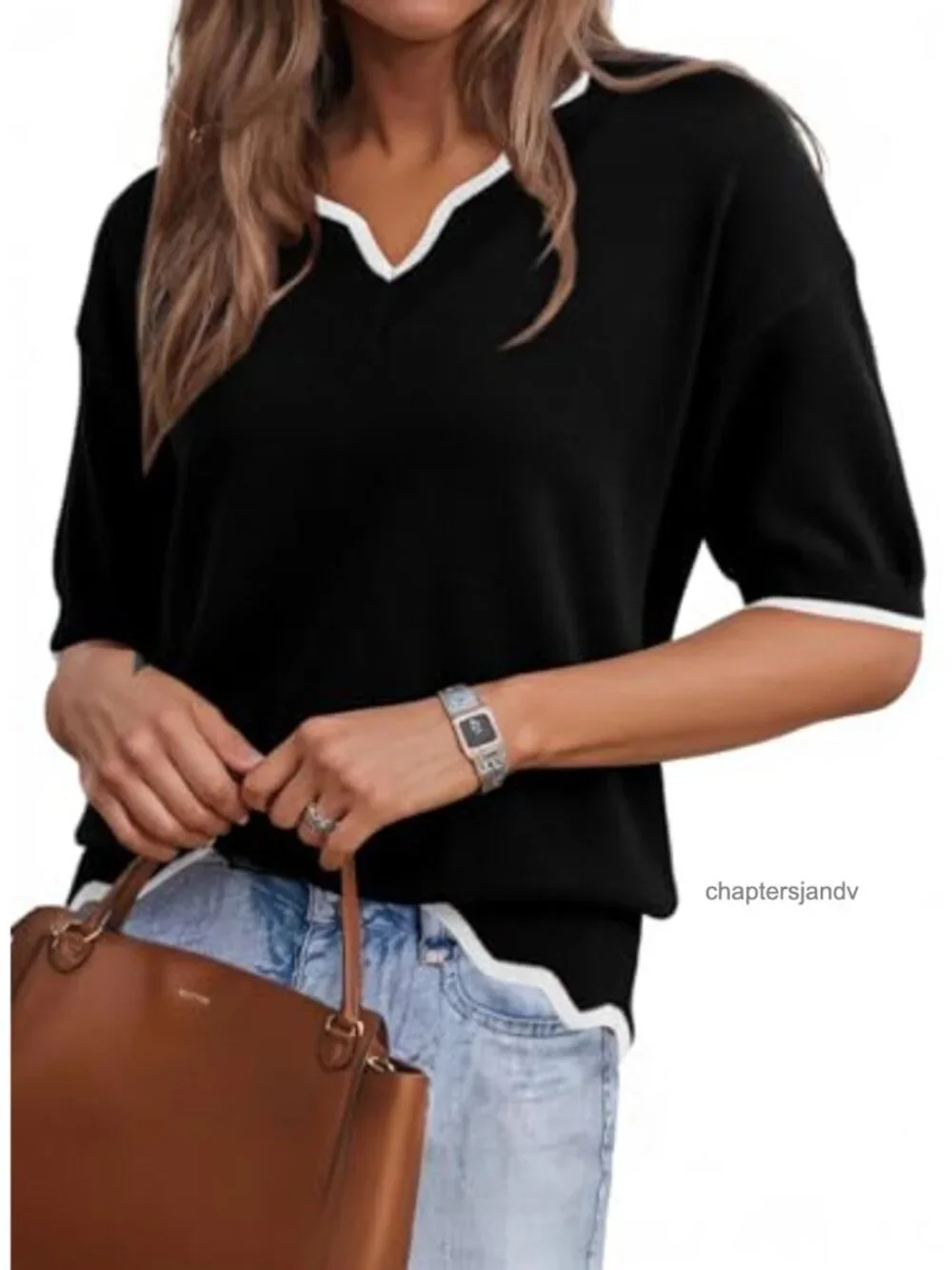 Women's Ribbed Knit Short Sleeve Pullover Sweater V-Neck Loose Fit